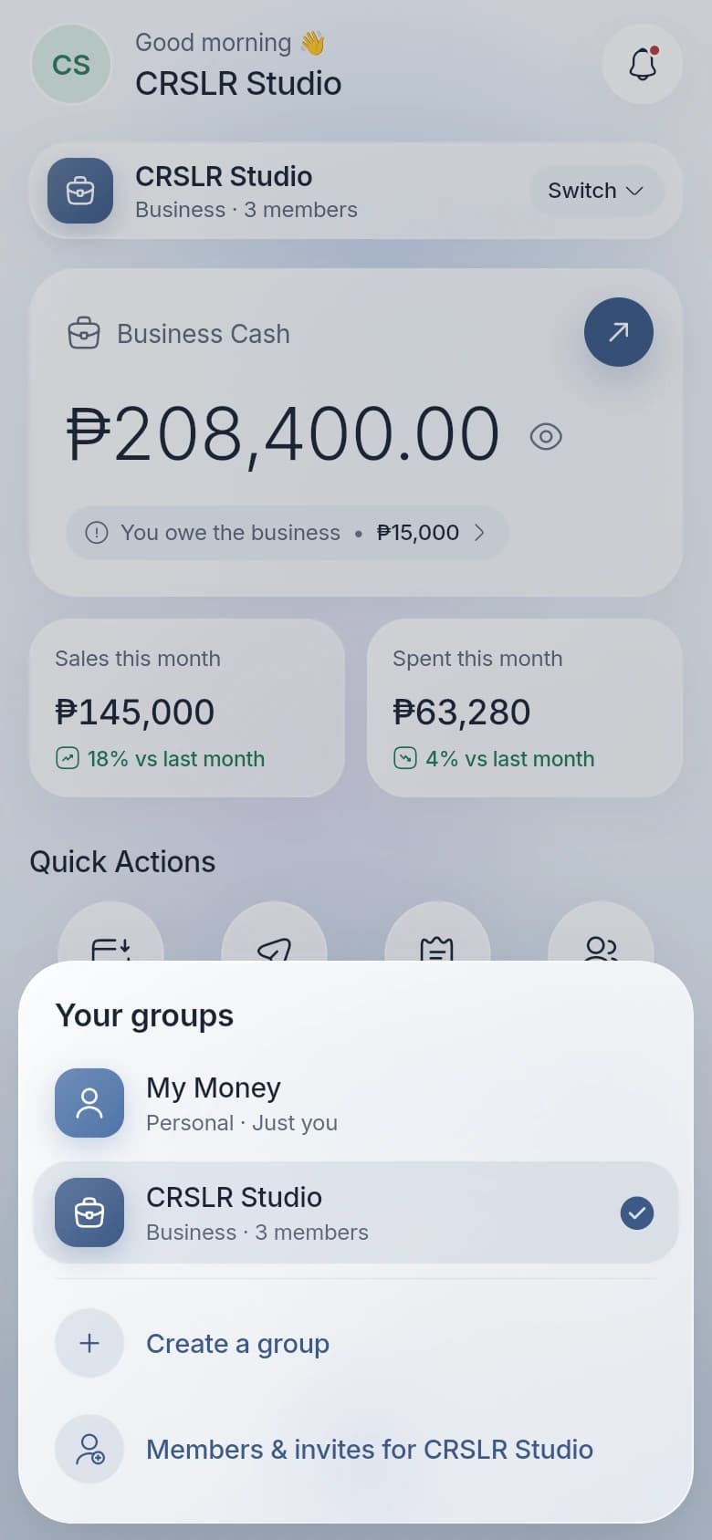 TIGOM group switcher listing My Money and CRSLR Studio