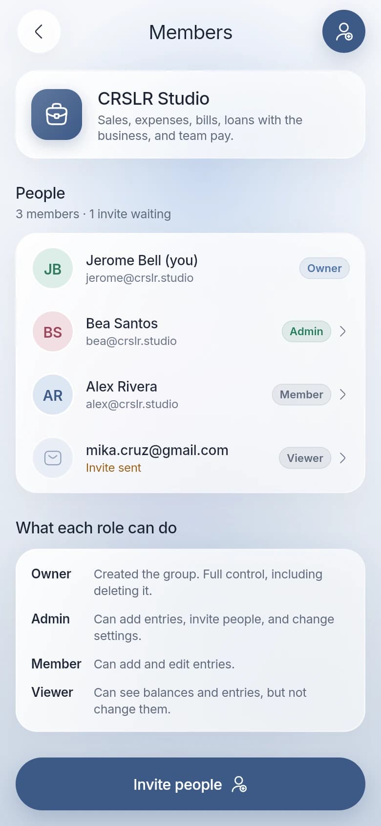 TIGOM Members screen with owner, admin, member, and a pending invite