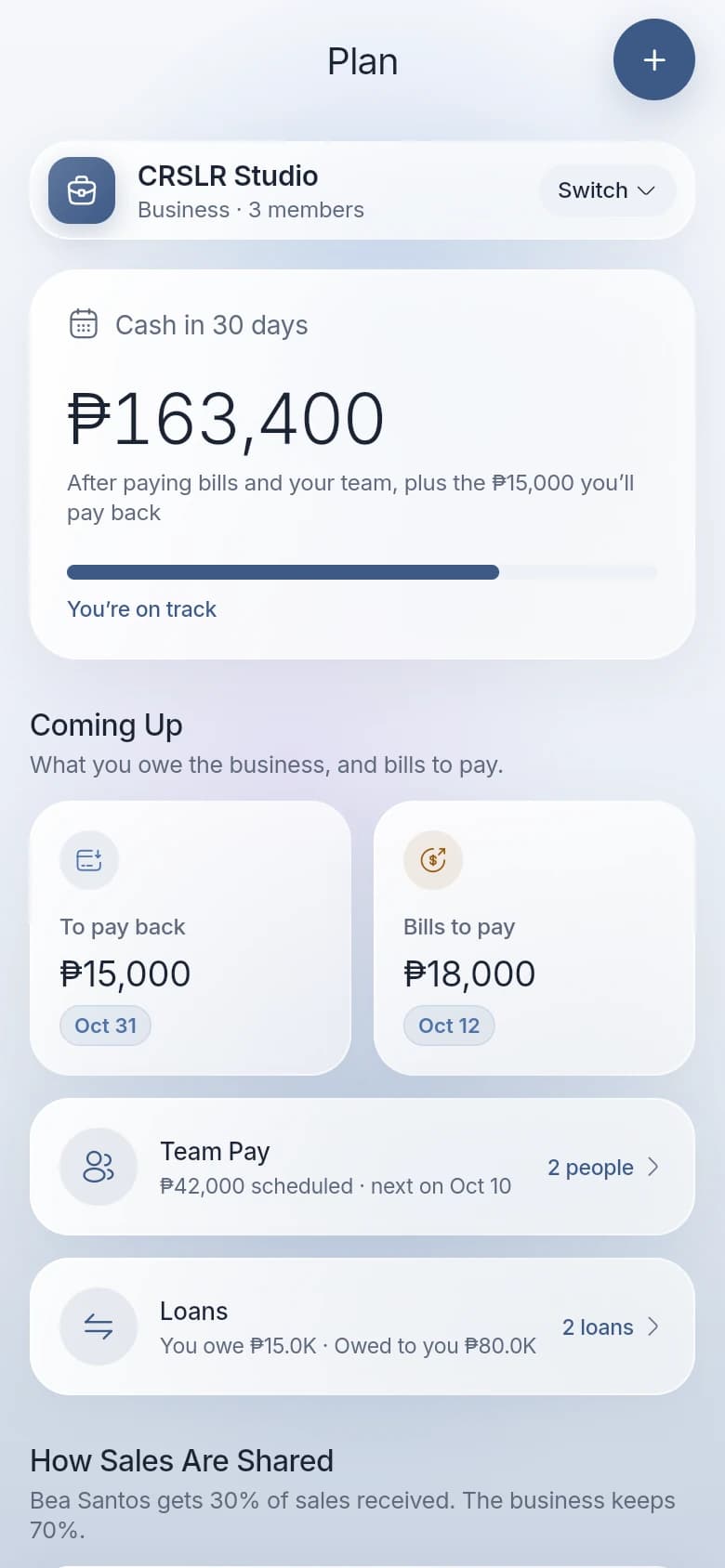 TIGOM Plan screen showing cash in 30 days, bills, and team pay